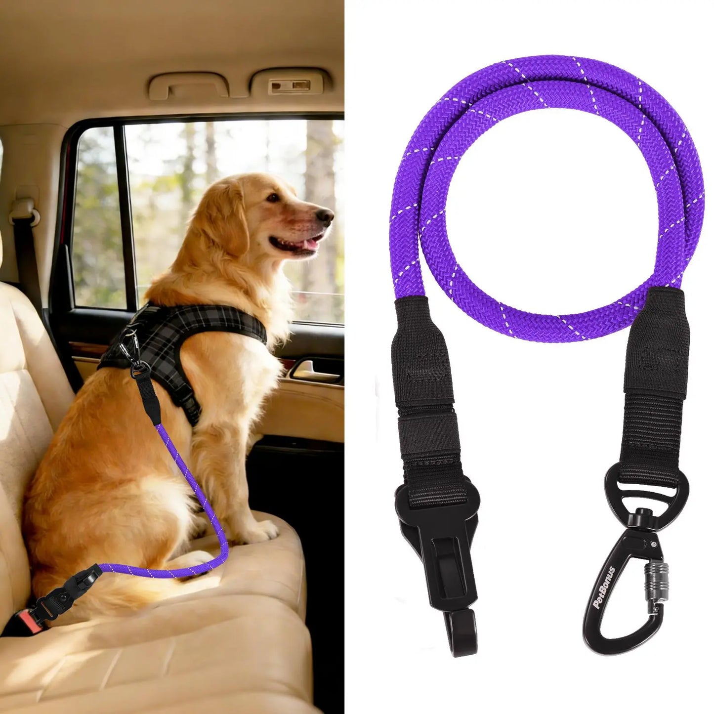 Petbonus Dog Seat Belt for Car, Durable Rope Dog Car Harness Seatbelt for Vehicle, Pet Tether Safety Restraint with Heavy Duty Buckle Hook Latch Lockable Clip for Small Medium Large Breeds