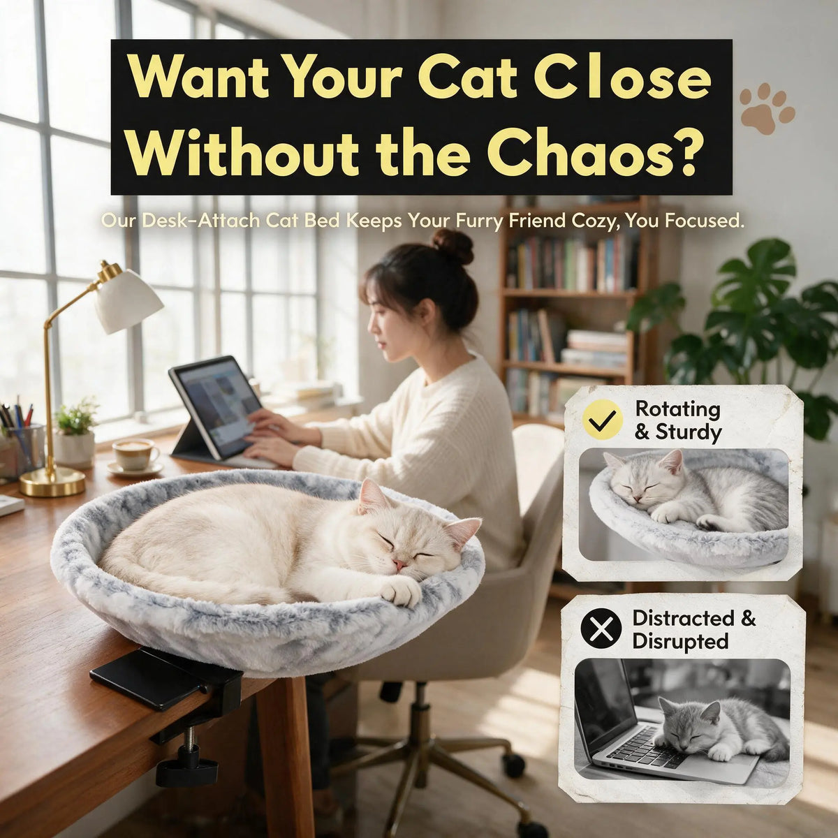 Elevated Cat Hammock Condo - Modern Single Unit with Desk Clamp, Durable Marble Design, Velcro Nylon Material, 360-Degree Rotatable for Optimal Pet Relaxation