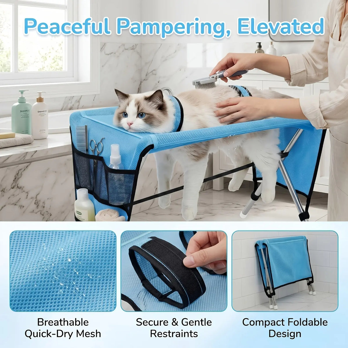 Pet Grooming Hammock with Stand, Includes Towel Strap, Suitable for Small to Medium-Sized Pets Weighing and Senior Dogs and Cats. It Is Foldable, Stable, Ideal for Grooming, Bathing, and Nail Trimming for Dogs and Cats, without Battery