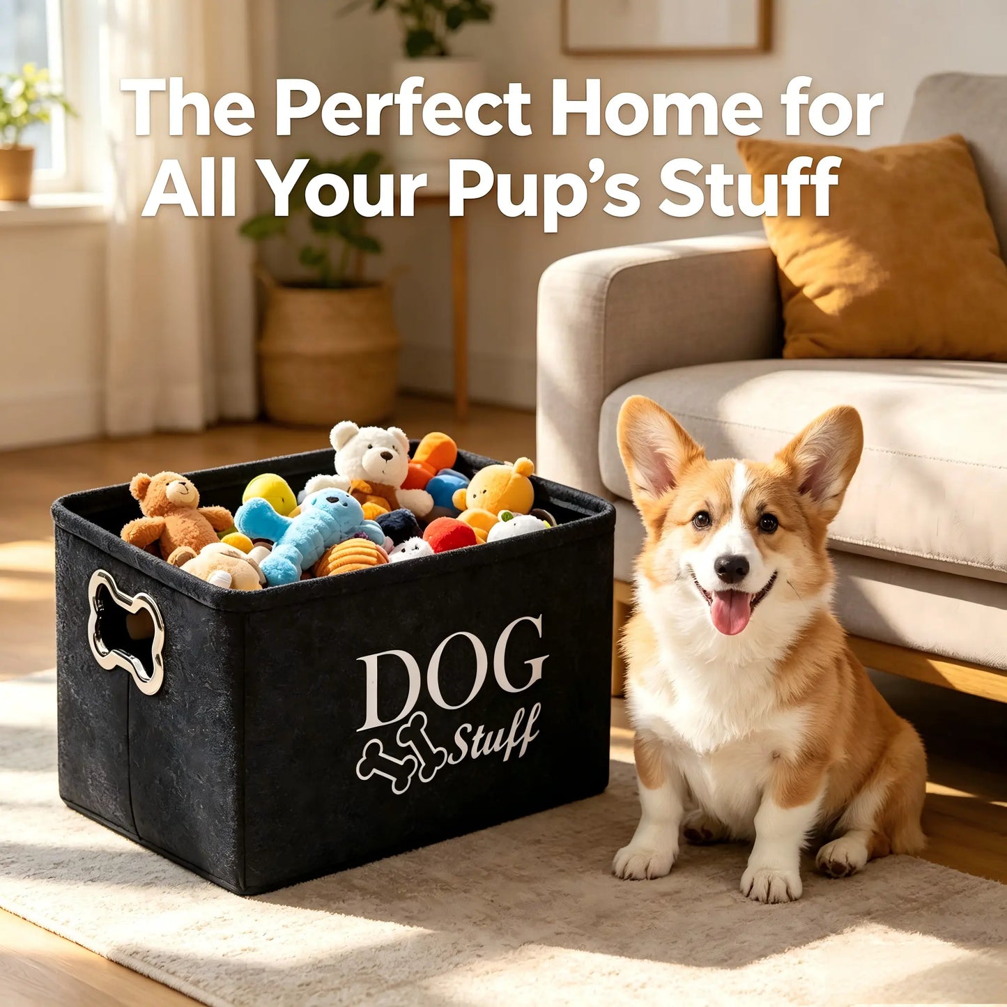 Thick Felt Large Dog Toy Storage Bin (15In X 10.6In X 8.7In) - Collapsible Lightweight Pet Supplies Organizer Basket with Metal Bone-Shaped Handles, Modern Neutral-Tone Logo Box for Toys/Leashes, Ideal for Dog Owners, Bedroom Use