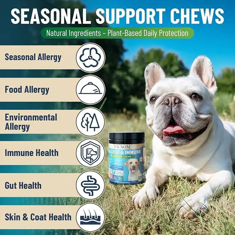 VICSOM Gentle Dog Allergy & Immune Support Chews - 200 Soft Chicken Flavor Chews - Itch Relief, Seasonal Care - Colostrum, Probiotics, 3S for Gut, Supports Skin & Coat Health - for All Ages Dogs