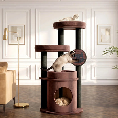 4-Tier Fully Wrapped Plush Cat Tree for Large Cats and Multi-Cat Homes, Dual Spacious Perches, Cozy Condo, Wide Stable Base and Scratching Pad