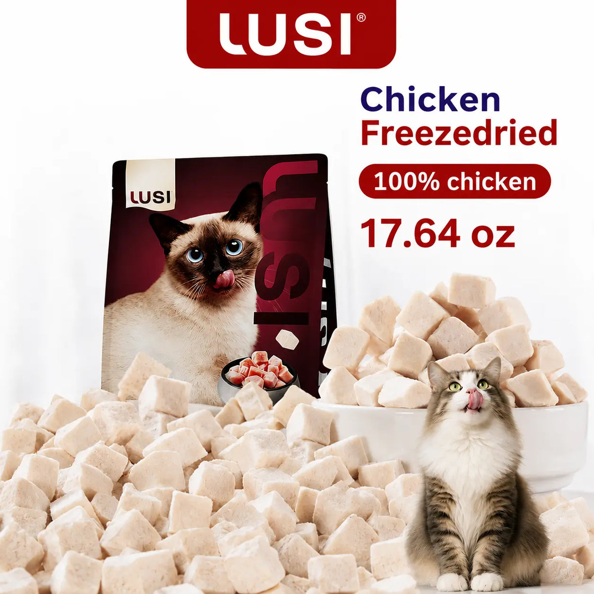 Lusi Premium Natural Dry Cat Food & Treat, High-Quality Freeze-Dried Chicken Chunks - 17.64 Oz, Chunked Form, Supports Feline Nutrition for All Ages