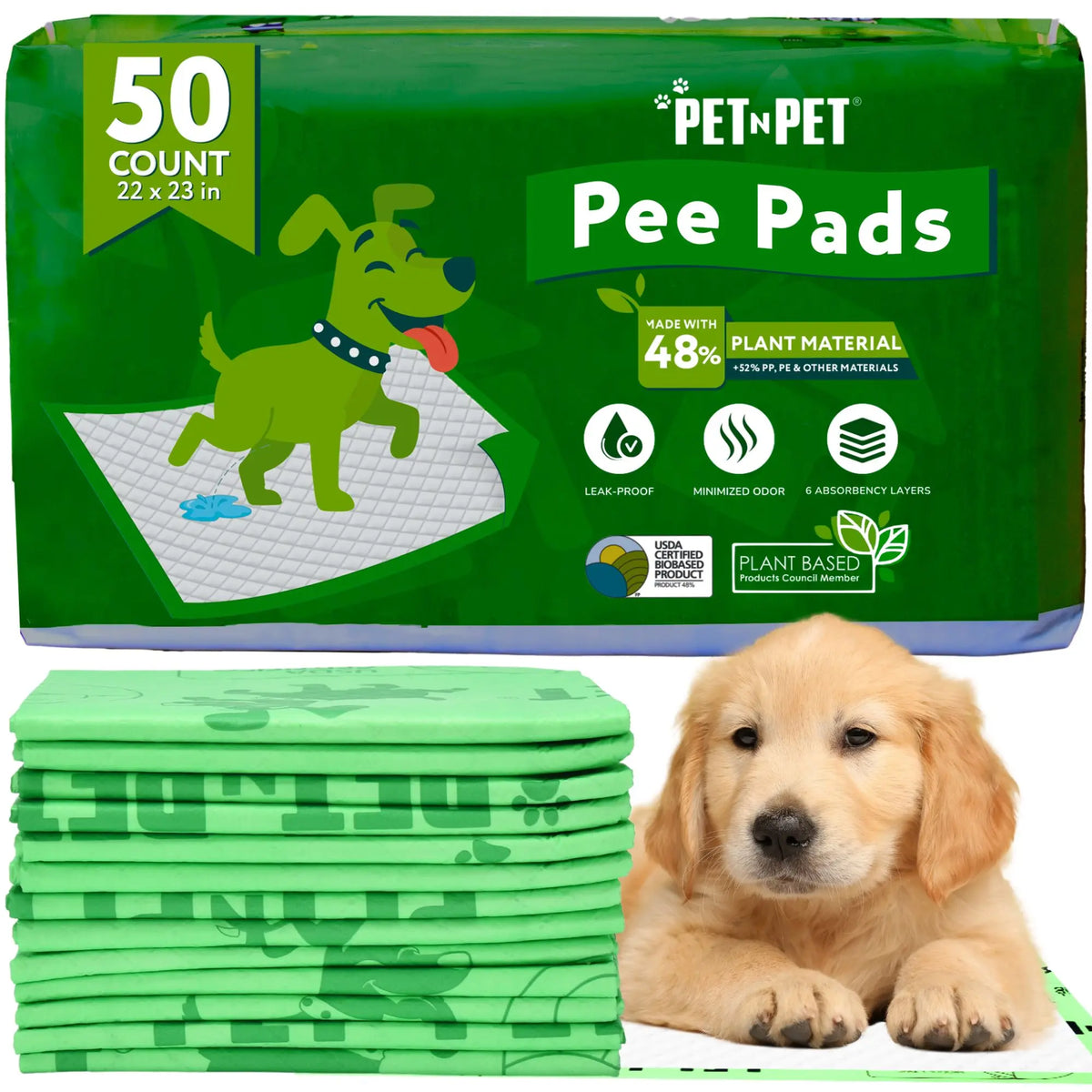 Pet N Pet 50-Count Puppy Training Pads - 48% USDA Certified Plant-Based, Unscented, Leak-Proof, Odor-Locking Absorbent Pads for Senior Dog Care