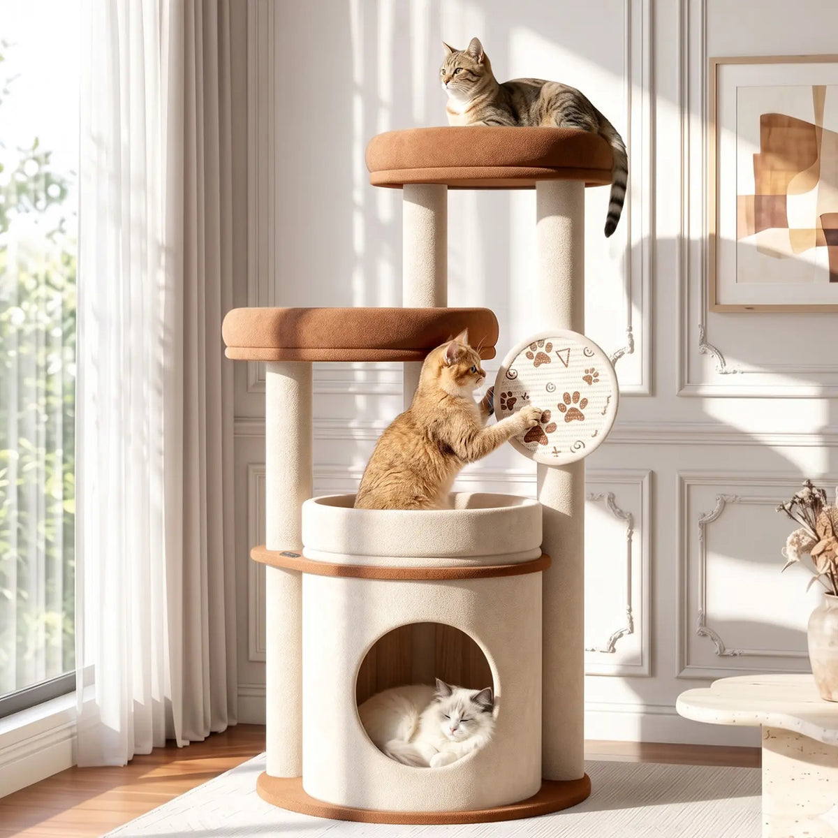 4-Tier Fully Wrapped Plush Cat Tree for Large Cats and Multi-Cat Homes, Dual Spacious Perches, Cozy Condo, Wide Stable Base and Scratching Pad