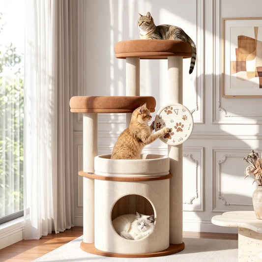 4-Tier Fully Wrapped Plush Cat Tree for Large Cats and Multi-Cat Homes, Dual Spacious Perches, Cozy Condo, Wide Stable Base and Scratching Pad