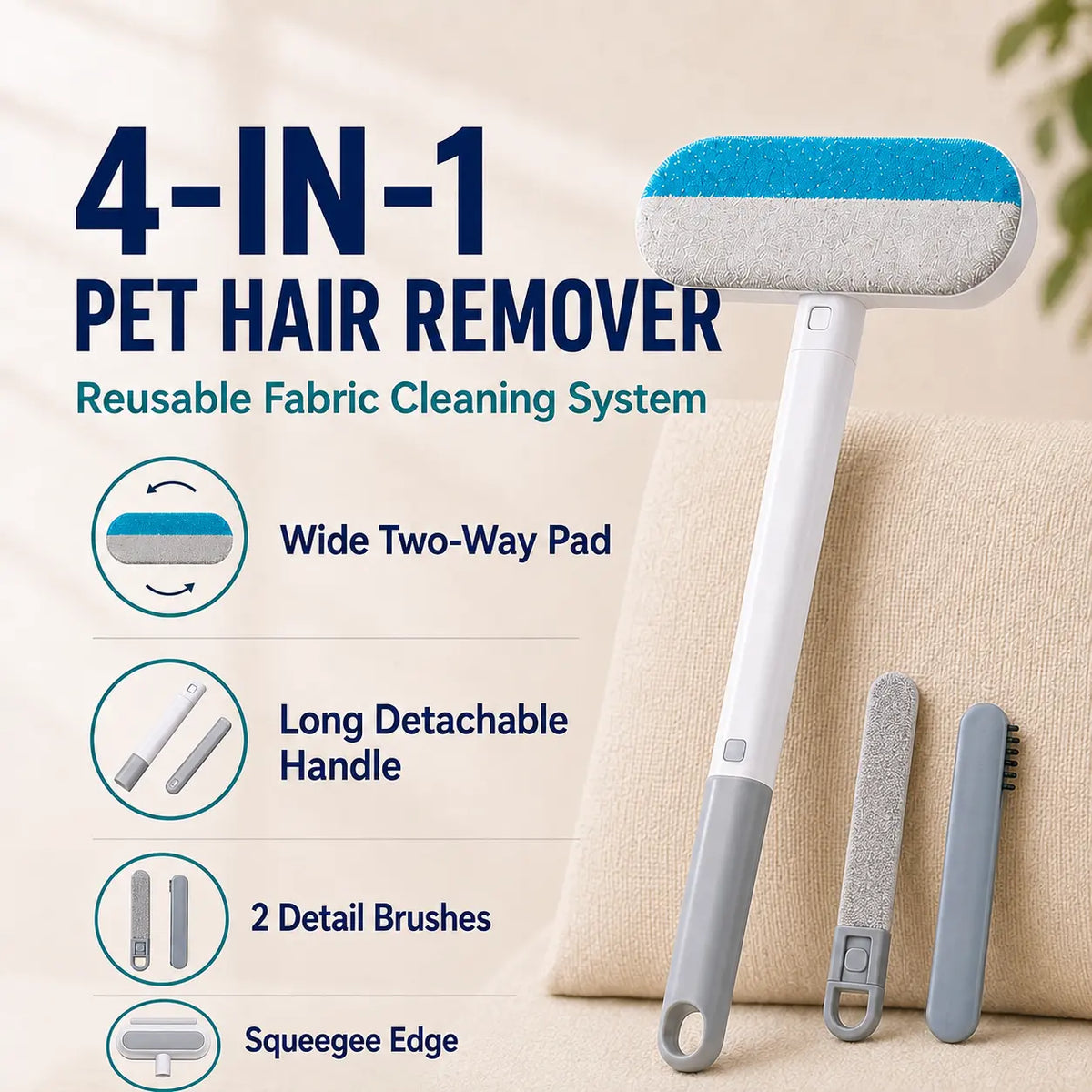 4-In-1 Reusable Pet Hair Remover Brush with Long Handle and Detail Brushes for Sofas, Rugs, Carpets, Bedding and Fabric Car Seats