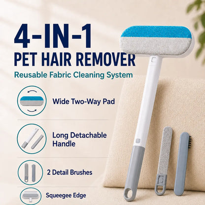 4-In-1 Reusable Pet Hair Remover Brush with Long Handle and Detail Brushes for Sofas, Rugs, Carpets, Bedding and Fabric Car Seats