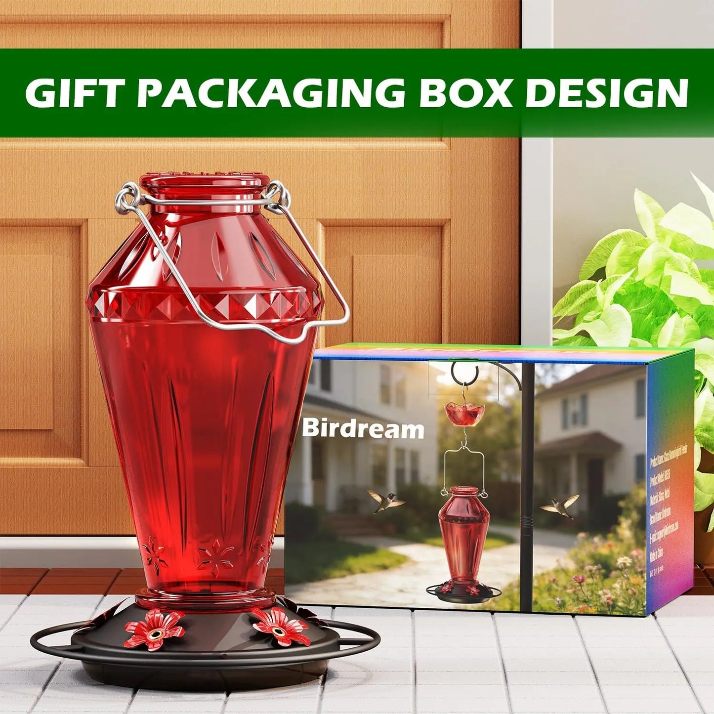 Birdream Hummingbird Feeders for Outdoors, 25Oz Glass Hummingbird Feeder with Perch & 5 Bee Guard Feeding Ports, Leak Proof, Includes Ant Moat and Cleaning Brush, Gift for Women Mom, Red