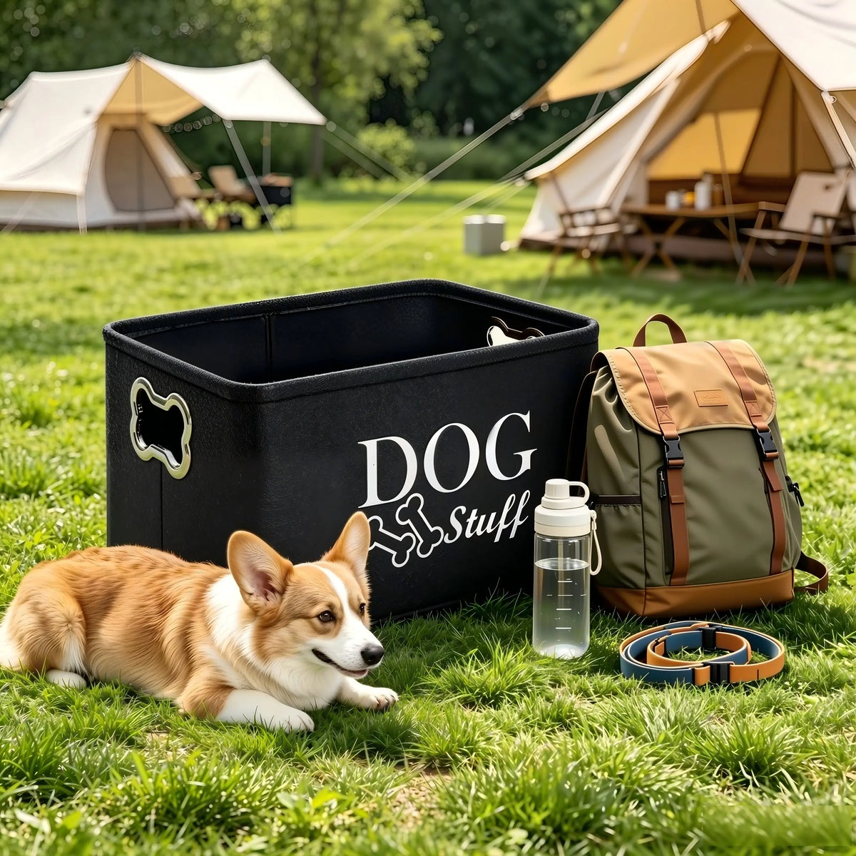 Thick Felt Large Dog Toy Storage Bin (15In X 10.6In X 8.7In) - Collapsible Lightweight Pet Supplies Organizer Basket with Metal Bone-Shaped Handles, Modern Neutral-Tone Logo Box for Toys/Leashes, Ideal for Dog Owners, Bedroom Use