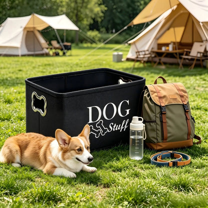 Thick Felt Large Dog Toy Storage Bin (15In X 10.6In X 8.7In) - Collapsible Lightweight Pet Supplies Organizer Basket with Metal Bone-Shaped Handles, Modern Neutral-Tone Logo Box for Toys/Leashes, Ideal for Dog Owners, Bedroom Use