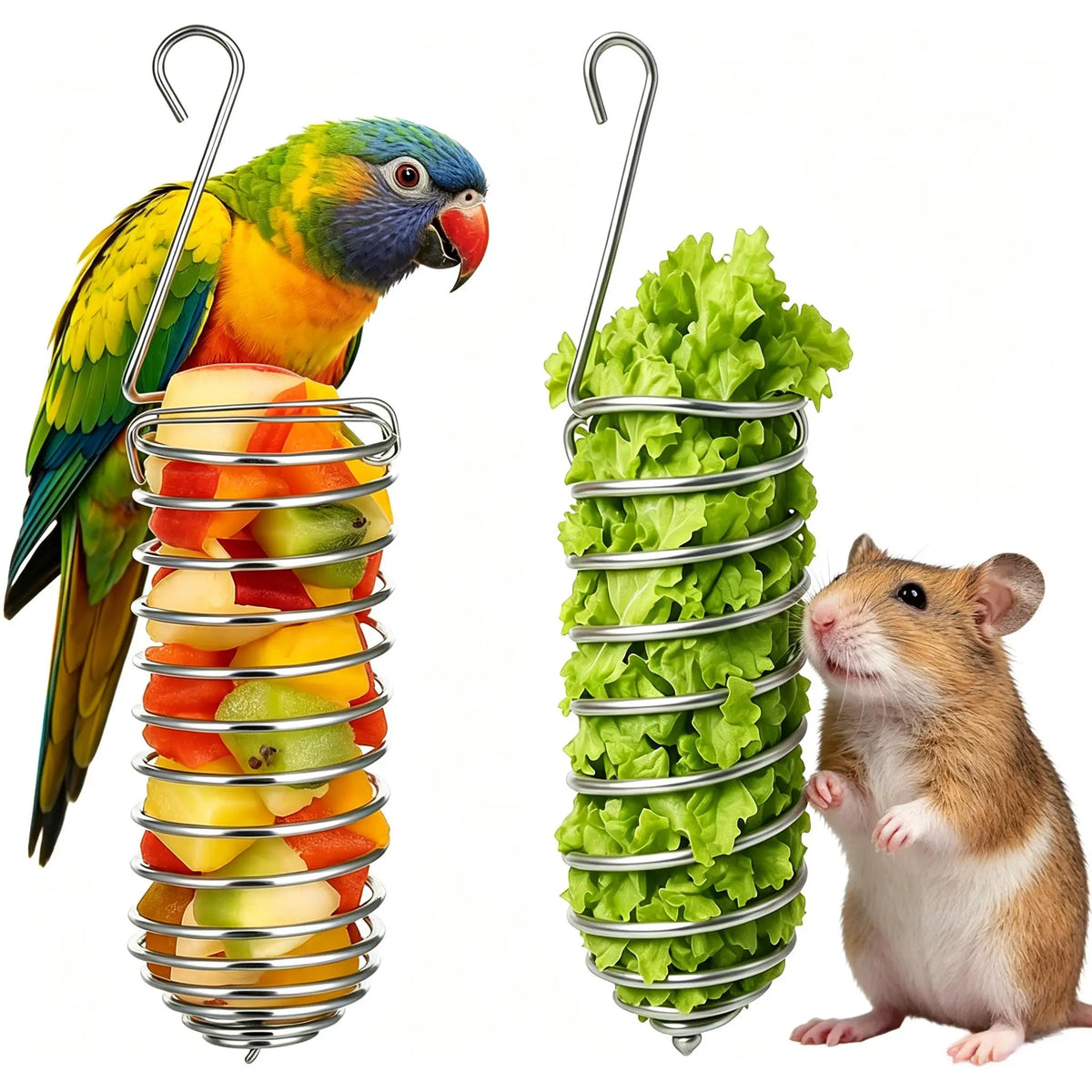 2Pcs Stainless Steel Hanging Foraging Baskets, Bird Feeding Tools with Mental Enrichment, Chew Stimulation for Large-Medium Parrots