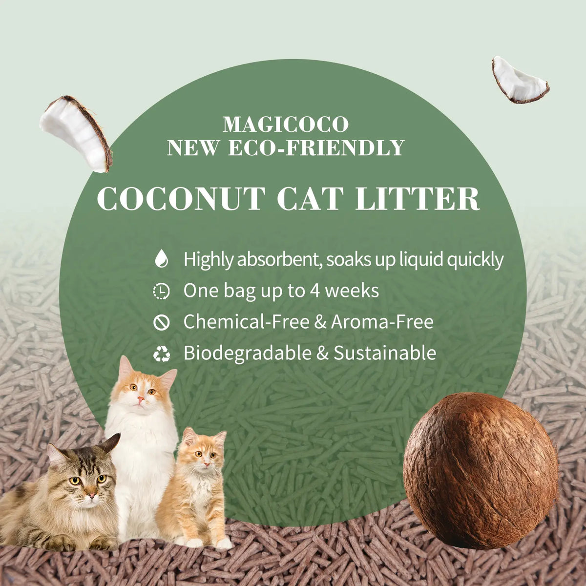 Magicoco Cat Litter 99% Odor Deodorized Low Tracking & Flushable Unscented & Chemical-Free Extra Clumping 5Lbs/Bag Natural Coconut Raw Materials Cat Essentials Kitten Stuff