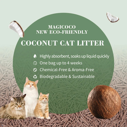 Magicoco Cat Litter 99% Odor Deodorized Low Tracking & Flushable Unscented & Chemical-Free Extra Clumping 5Lbs/Bag Natural Coconut Raw Materials Cat Essentials Kitten Stuff