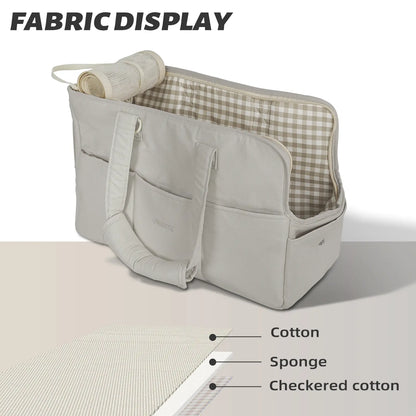 Cozy Cotton Soft Gray Pet Carrier for Small Dogs Cats Rabbits, Travel-Ready Foldable Puppy Bag with Spacious Organizer Pockets, Portable Kitten Carrier with Safety Tether & Ventilated Mesh