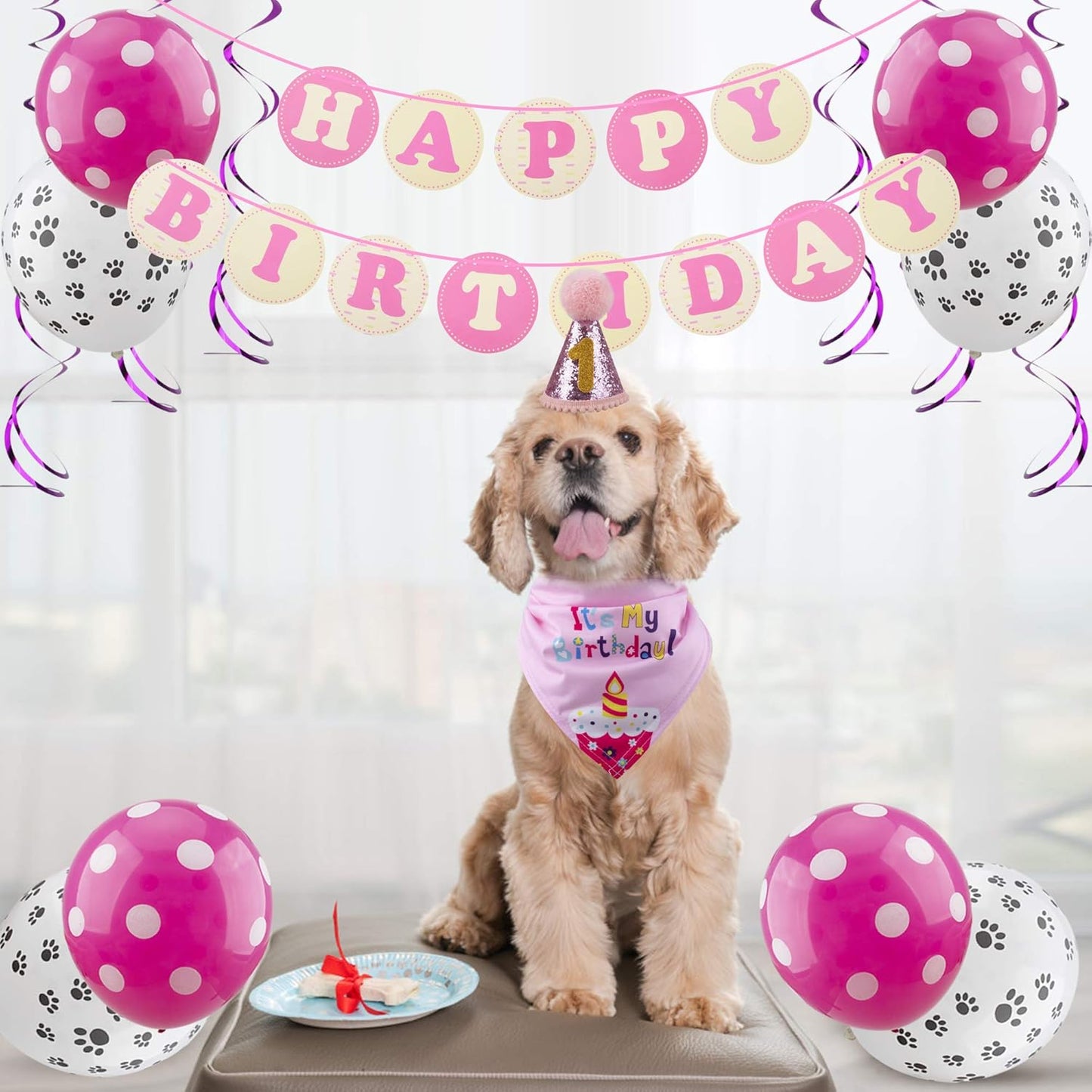 Dog Birthday Celebration Supplies Set - Bandana, Hat, Banner, Bow Tie, and Scarf Decorations (Pink with Balloon Design)