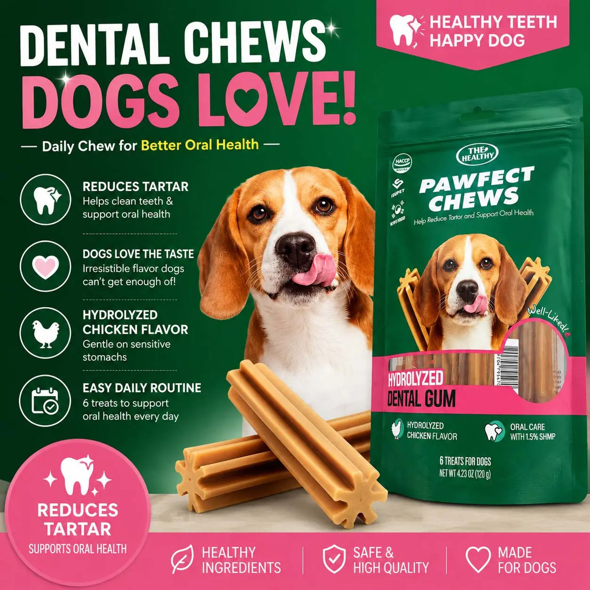 Pawfect Chews Dental Dog Treats Hydrolyzed Duck, Beef & Chicken Flavors Fresh Breath & Tartar Control Chews for Small Medium Large Dogs Oral Health Support