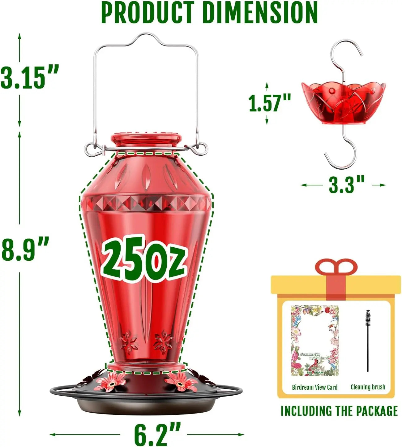 Birdream Hummingbird Feeders for Outdoors, 25Oz Glass Hummingbird Feeder with Perch & 5 Bee Guard Feeding Ports, Leak Proof, Includes Ant Moat and Cleaning Brush, Gift for Women Mom, Red