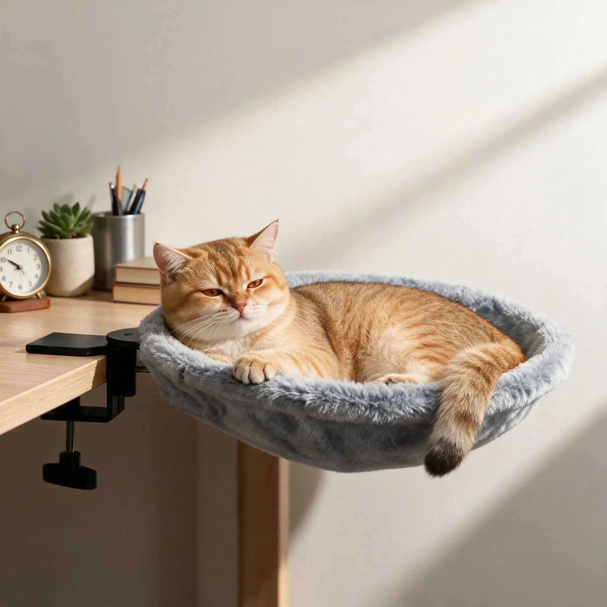 Elevated Cat Hammock Condo - Modern Single Unit with Desk Clamp, Durable Marble Design, Velcro Nylon Material, 360-Degree Rotatable for Optimal Pet Relaxation