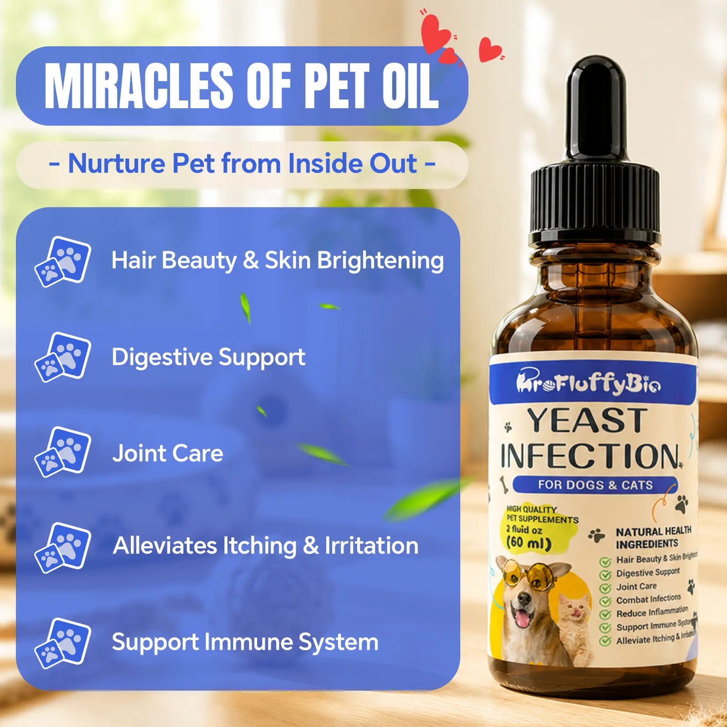 Profluffybio Nature Ear Drops for Dogs - 60Ml Gentle Care Yeast Infection Treatment, Puppy Safe, Reduces Itch, Soothes Skin & Ears, Supports Health, Allergy Relief