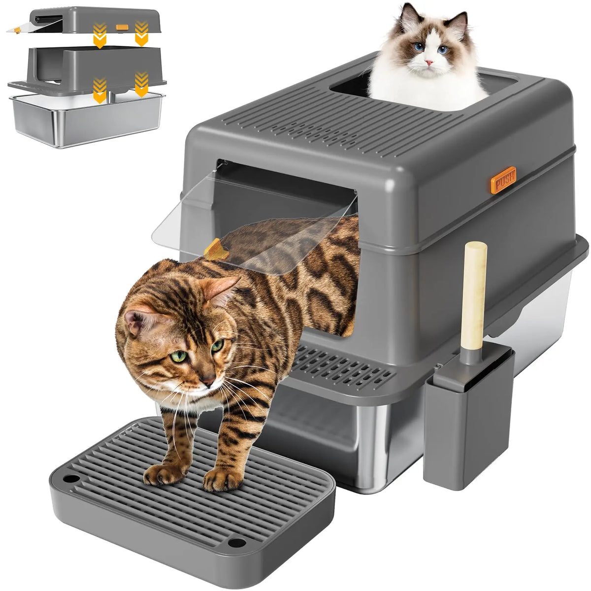 Metal Litter Box with Lid, 36L Extra Large Litter Box XL for Big Cats Top Entry Stainless Steel Litter Box with Double Filter Pedal & Scoop High Sided & Non-Sticky & Anti-Leakage