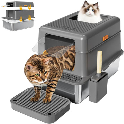 Metal Litter Box with Lid, 36L Extra Large Litter Box XL for Big Cats Top Entry Stainless Steel Litter Box with Double Filter Pedal & Scoop High Sided & Non-Sticky & Anti-Leakage