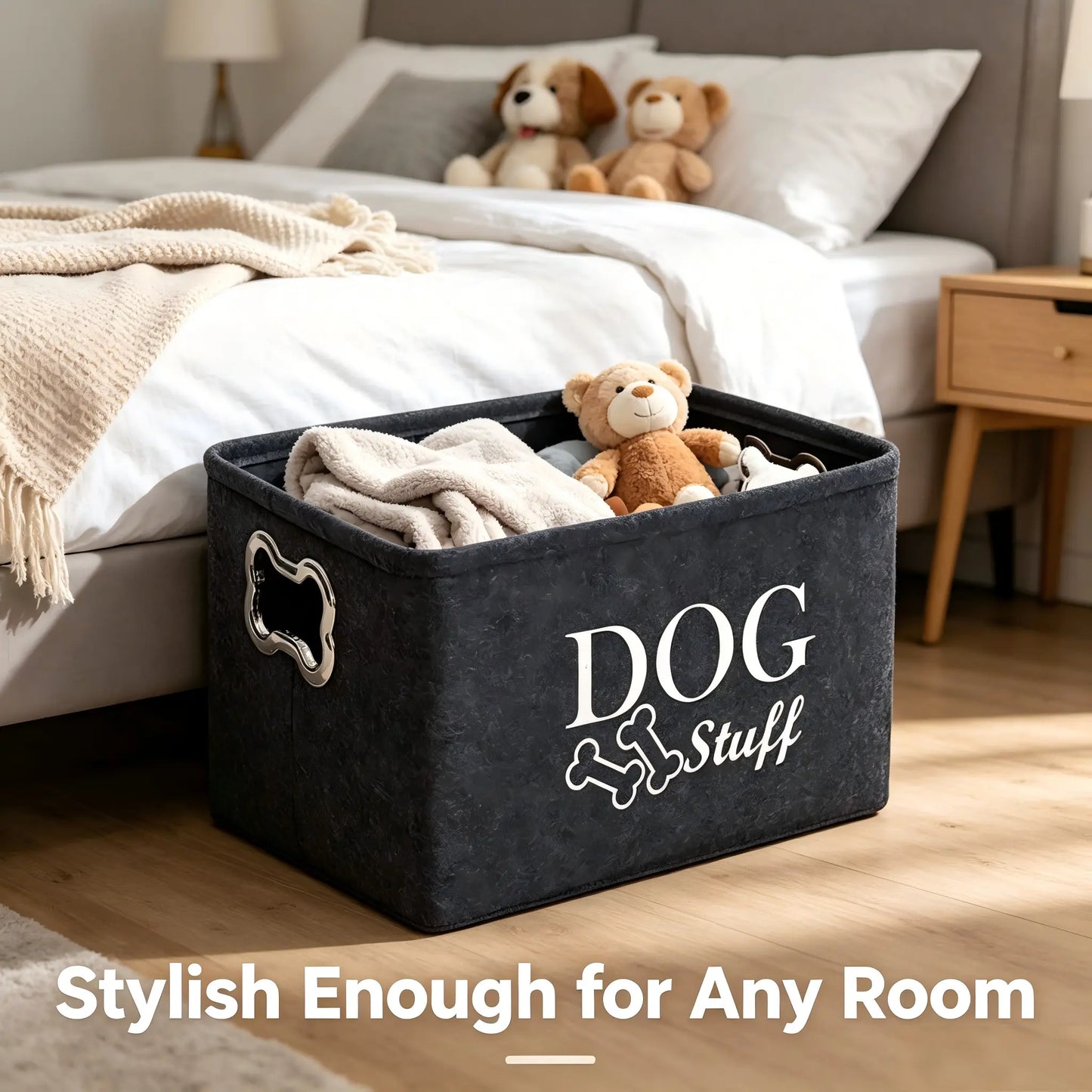 Thick Felt Large Dog Toy Storage Bin (15In X 10.6In X 8.7In) - Collapsible Lightweight Pet Supplies Organizer Basket with Metal Bone-Shaped Handles, Modern Neutral-Tone Logo Box for Toys/Leashes, Ideal for Dog Owners, Bedroom Use