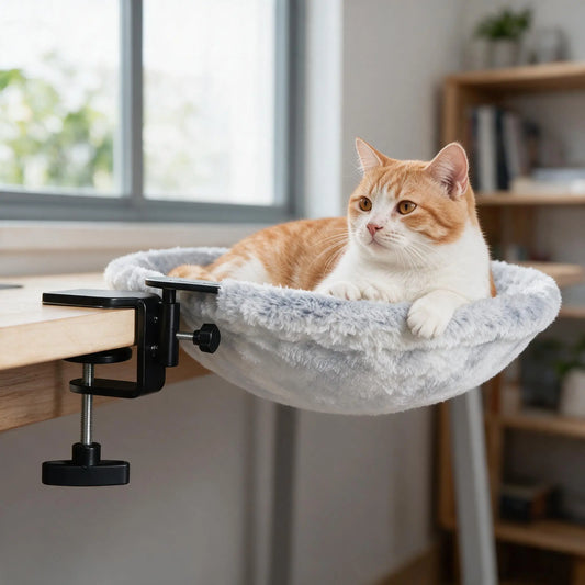 Elevated Cat Hammock Condo - Modern Single Unit with Desk Clamp, Durable Marble Design, Velcro Nylon Material, 360-Degree Rotatable for Optimal Pet Relaxation