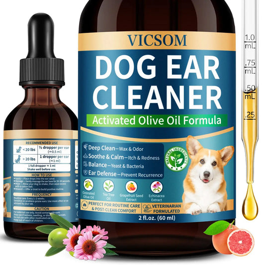 VICSOM Alcohol-Free Dog Ear Cleaner Liquid - 60Ml Ozonated Olive Oil & Botanical Blend, Easy to Apply for Wax Removal, Dirt & Debris, Routine Grooming, Freshens Ears