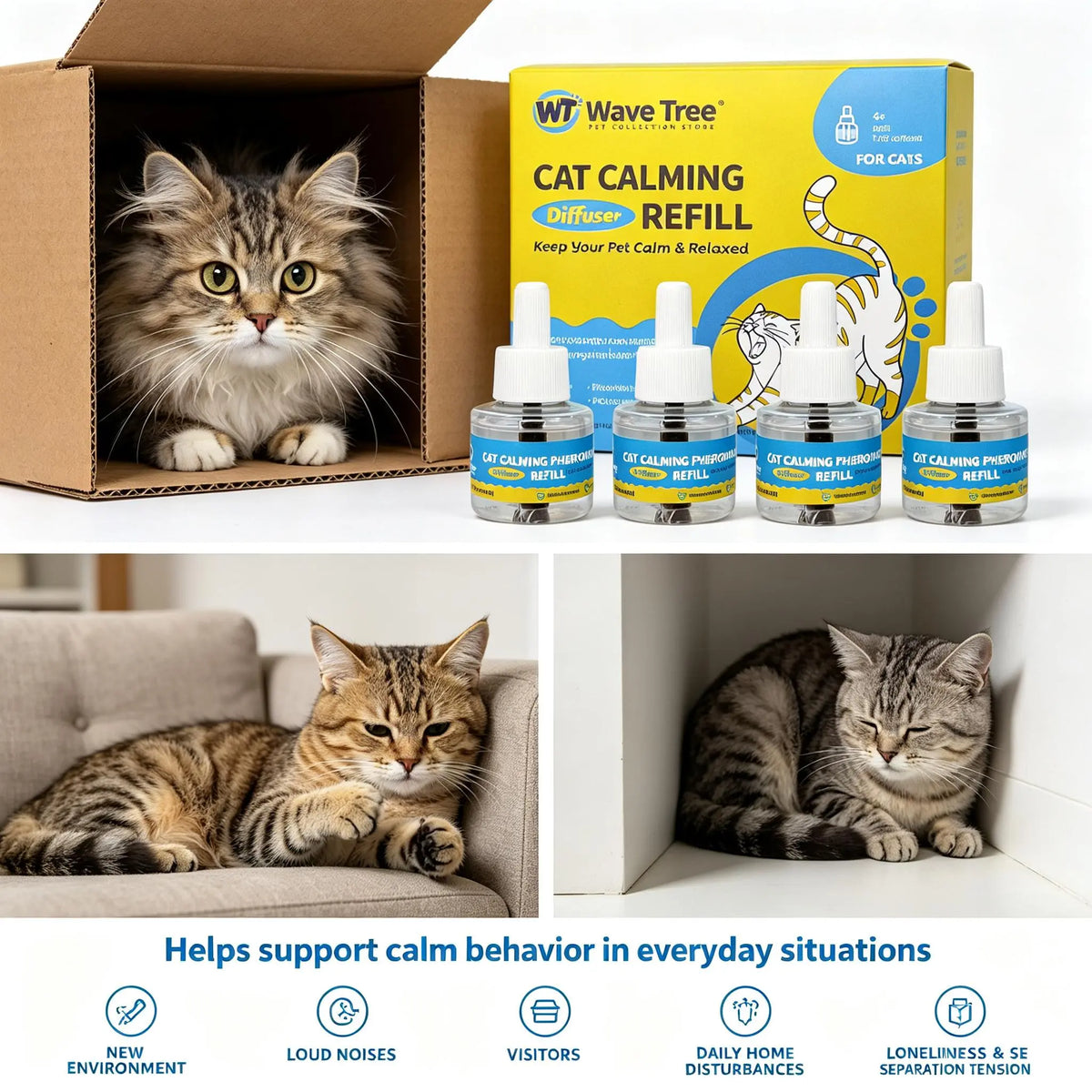 Wavetree Cat Calming Diffuser Refill Kit (4 Pack, 120-Day Supply), Odorless Liquid, Helps Reduce Meowing, Stress & Pee Spraying during Environmental Changes, 48 Ml/Bottle - Tiktokshopbacktoschool