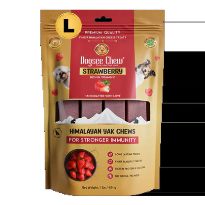 Dogsee Himalayan Sun-Dried Yak Cheese Canine Snacks with Real Strawberries - Large (4 Bars, 35-Day Supply), Gluten-Free, Grain & Cow Milk-Free, 60% Protein Immunity Booster, 36-Month Shelf Life, Dental Care Plaque Fighter, Boredom Reducer