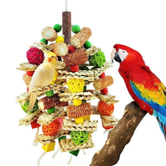 Handmade Medium/Large Bird Chew Toys, Stimulating Entertainment Toys with Natural Corn Cob, Corn Husk and Loofah Slices for African Grey Parrots, Macaws, Cockatoos, Amazon Parrots (Colorful)