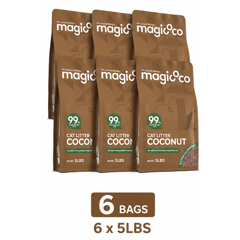Magicoco Cat Litter 99% Odor Deodorized Low Tracking & Flushable Unscented & Chemical-Free Extra Clumping 5Lbs/Bag Natural Coconut Raw Materials Cat Essentials Kitten Stuff