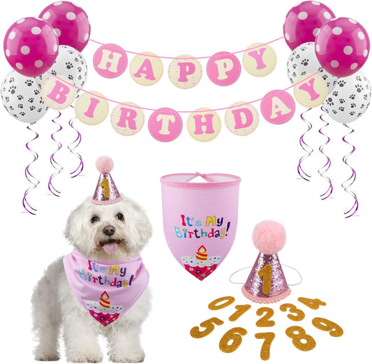 Dog Birthday Celebration Supplies Set - Bandana, Hat, Banner, Bow Tie, and Scarf Decorations (Pink with Balloon Design)