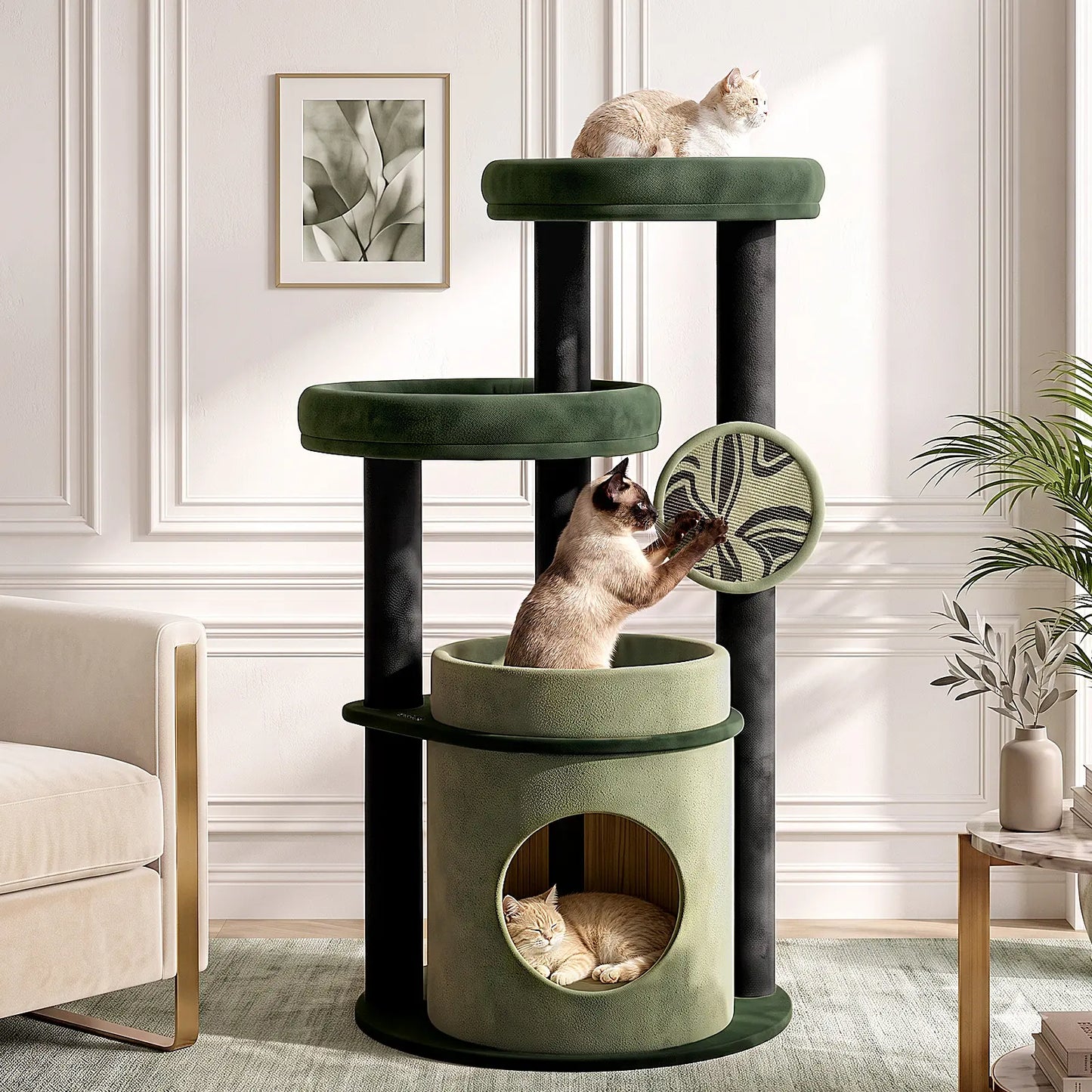 4-Tier Fully Wrapped Plush Cat Tree for Large Cats and Multi-Cat Homes, Dual Spacious Perches, Cozy Condo, Wide Stable Base and Scratching Pad