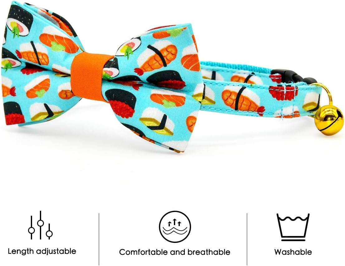 Sushi-Themed Cat Collar and Bow Tie Set with Breakaway Safety Feature, Ideal for Weddings and Birthdays for Kittens