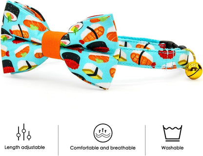 Sushi-Themed Cat Collar and Bow Tie Set with Breakaway Safety Feature, Ideal for Weddings and Birthdays for Kittens