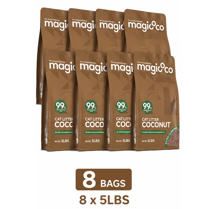 Magicoco Cat Litter 99% Odor Deodorized Low Tracking & Flushable Unscented & Chemical-Free Extra Clumping 5Lbs/Bag Natural Coconut Raw Materials Cat Essentials Kitten Stuff