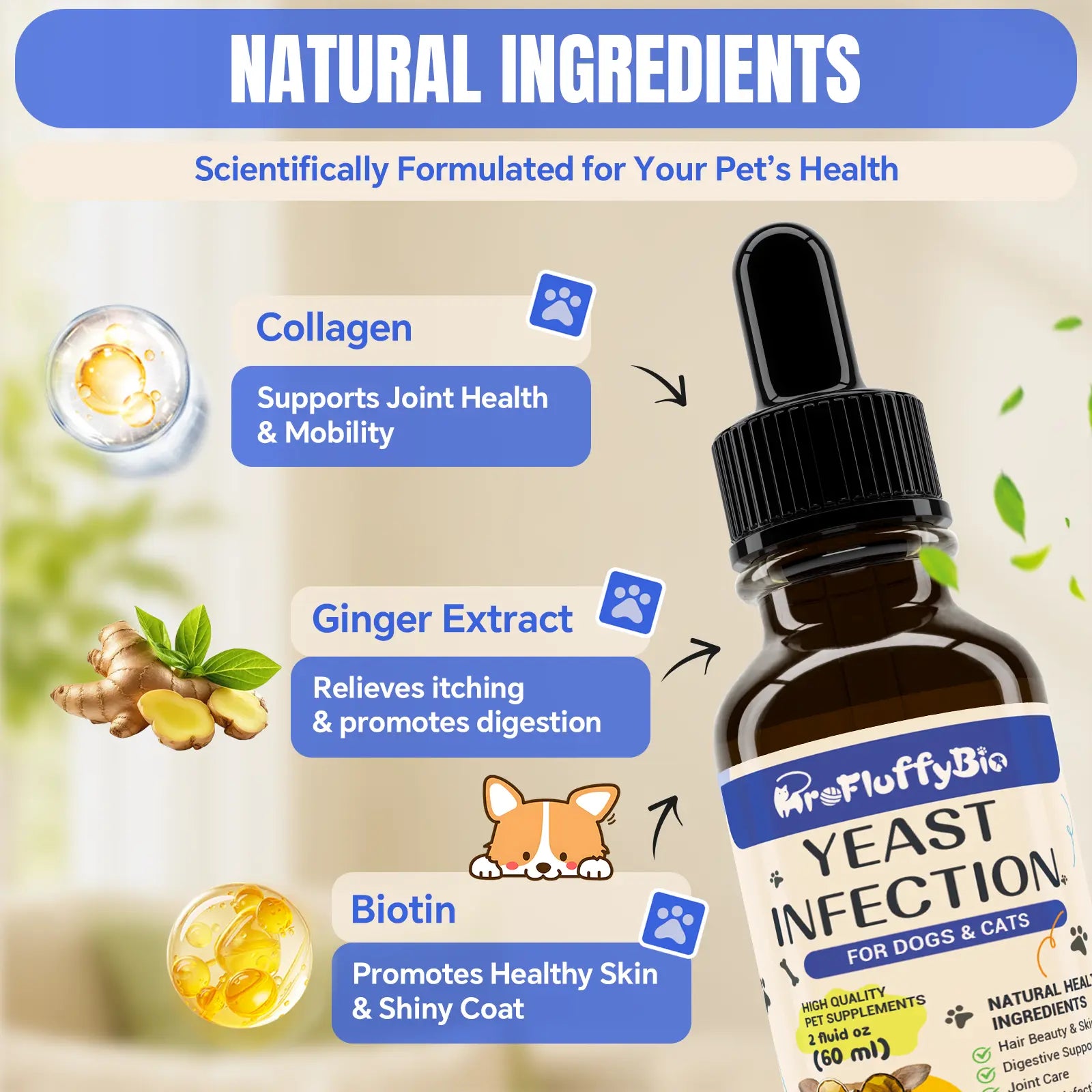 Profluffybio Nature Ear Drops for Dogs - 60Ml Gentle Care Yeast Infection Treatment, Puppy Safe, Reduces Itch, Soothes Skin & Ears, Supports Health, Allergy Relief