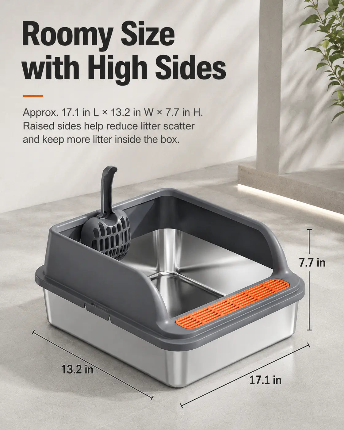 Stainless Steel Extra Large Open-Style Cat Litter Box with Anti-Splash Elevated Fence, Sand Control Semi-Enclosed Pet Litter Tray for Effortless Living