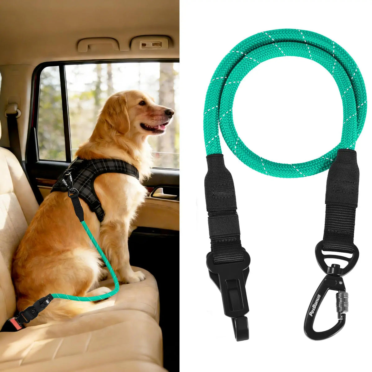 Petbonus Dog Seat Belt for Car, Durable Rope Dog Car Harness Seatbelt for Vehicle, Pet Tether Safety Restraint with Heavy Duty Buckle Hook Latch Lockable Clip for Small Medium Large Breeds