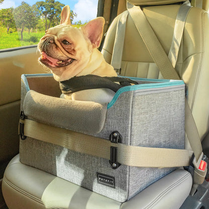 PETSFIT Foldable Dog Car Booster Seat for Small Dogs - Patented Safety Buckles, Safety Tether, Stable Frame, Soft Cushion - Leather, Fabric, Waterproof Wipe, Cozy Velvet Pad - Reduces Stress, Fits Front/Back Seat - Sohochic