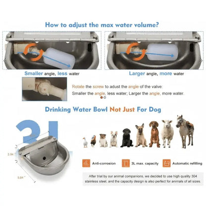 3L Stainless Steel Automatic Dog Water Dispenser - Animal Drinking Bowl, Fountain Flow, Drain Plug, Easy Refill Hose, Slopper Stopper Trough, Single Unit Pet Feeding Accessory for Multi-Pet Homes