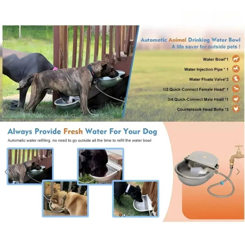 3L Stainless Steel Automatic Dog Water Dispenser - Animal Drinking Bowl, Fountain Flow, Drain Plug, Easy Refill Hose, Slopper Stopper Trough, Single Unit Pet Feeding Accessory for Multi-Pet Homes