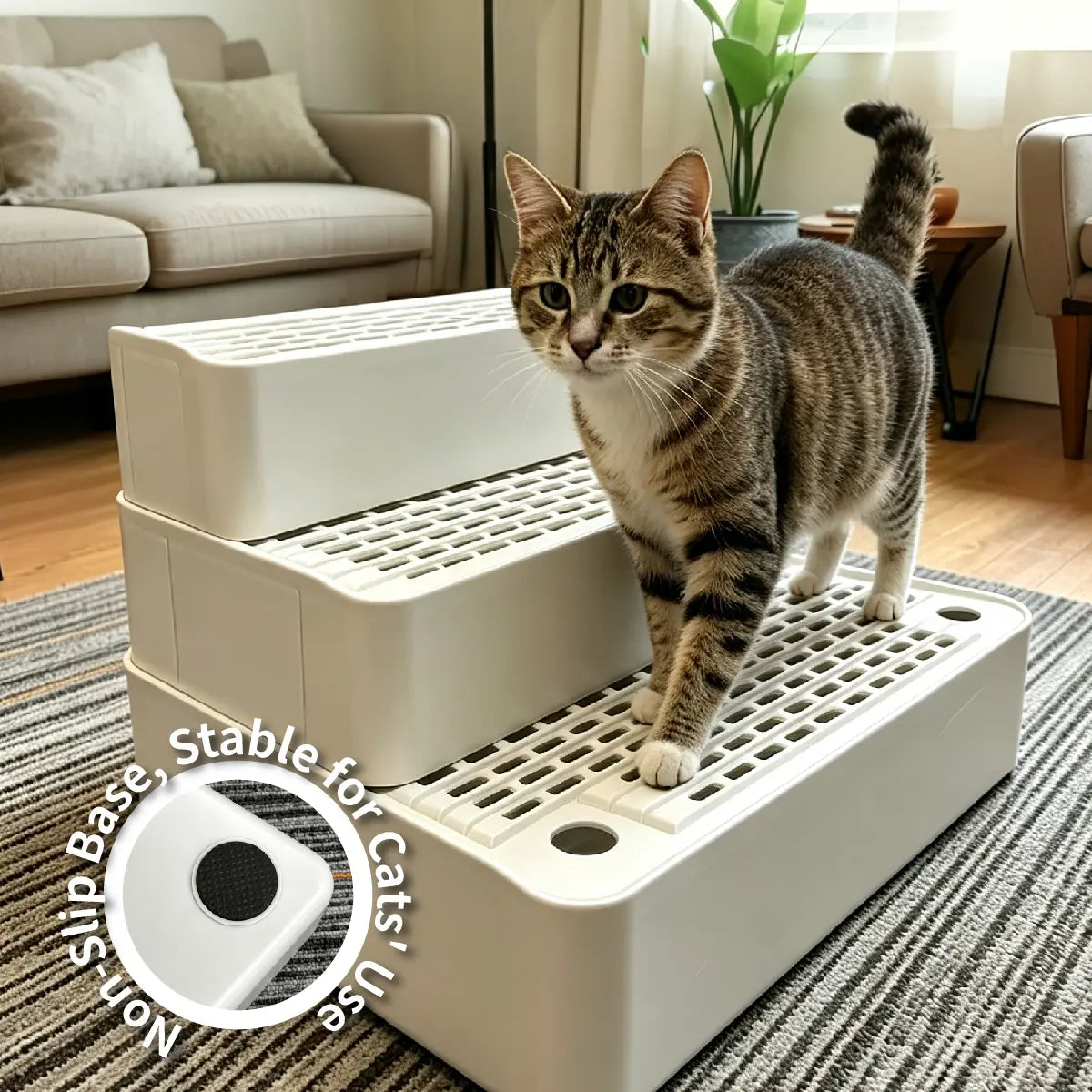 Adjustable Cat Litter Box Ramp, 3 Step Cat Litter Stair, Litter Box Step with Filter, Non Slip Cat Litter Ramp, Easy Clean Cat Litter Step, Senior Cat Litter Ramp, Small Cat Litter Stair, Litter Tracking Reduction Ramp, Light Grey Cat Litter Box Step