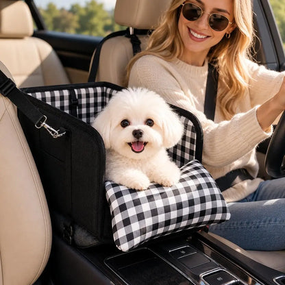 Luxury Center Console Dog Car Seat for Small Pets up to 12 Lbs - Armrest-Mount Puppy Carrier, Checkered Padded Fabric Cushion, Safety Tether, Cars Accessories Travel Bed for Dogs & Cats
