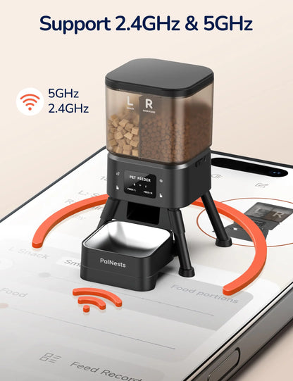 Palnests Dual-Cavity Smart Automatic Feeder - 4L Dry Food Dispenser with Stainless Steel Bowls, 2-Hopper Separation, 2.4Ghz & 5Ghz Wifi Sync, Airtight Fresh Lock, App Control, Timed Feed, Dual Power Backup, Low Food Alerts for Cats & Small/Medium Dogs
