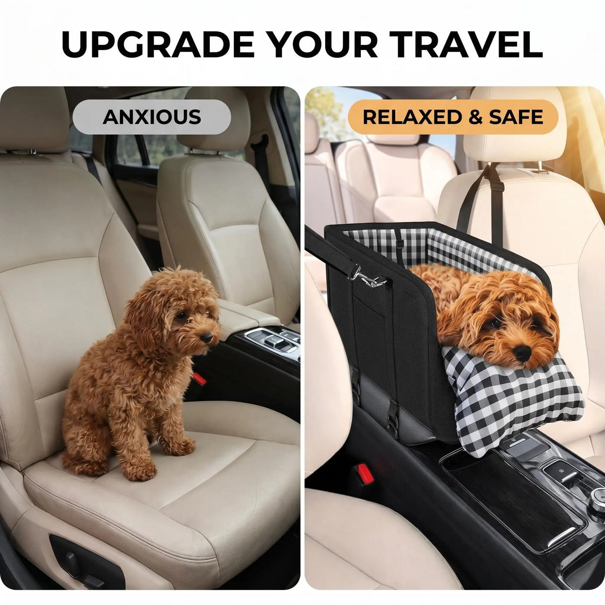 Luxury Center Console Dog Car Seat for Small Pets up to 12 Lbs - Armrest-Mount Puppy Carrier, Checkered Padded Fabric Cushion, Safety Tether, Cars Accessories Travel Bed for Dogs & Cats