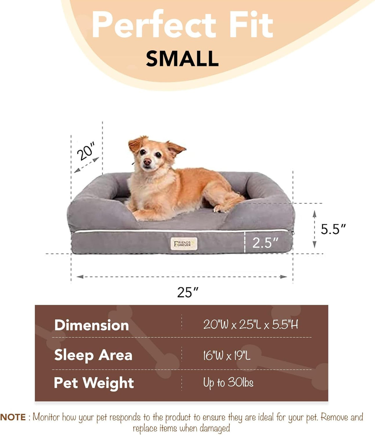 Orthopedic Memory Foam Dog Bed with Washable Cover and Non-Slip Bottom, Calming Pet Sofa in Cocoa Brown, 25" X 20" X 5.5