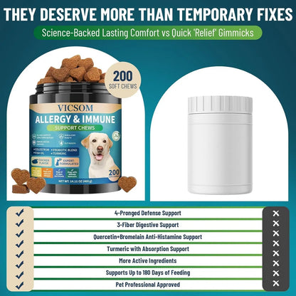VICSOM Gentle Dog Allergy & Immune Support Chews - 200 Soft Chicken Flavor Chews - Itch Relief, Seasonal Care - Colostrum, Probiotics, 3S for Gut, Supports Skin & Coat Health - for All Ages Dogs